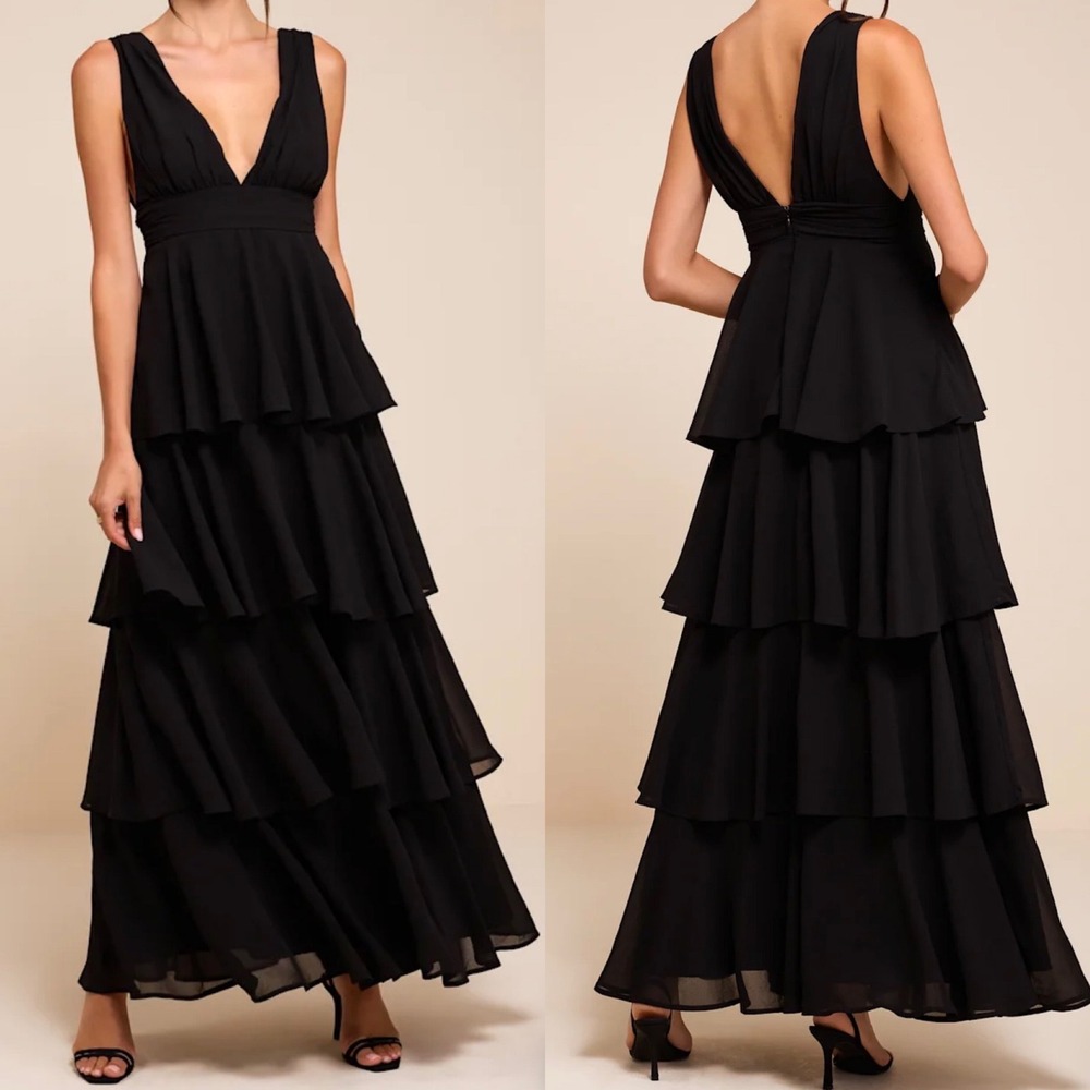 NWT Lulus SZ Large Amazing Evening Black Tiered Maxi Dress Formal Special Event